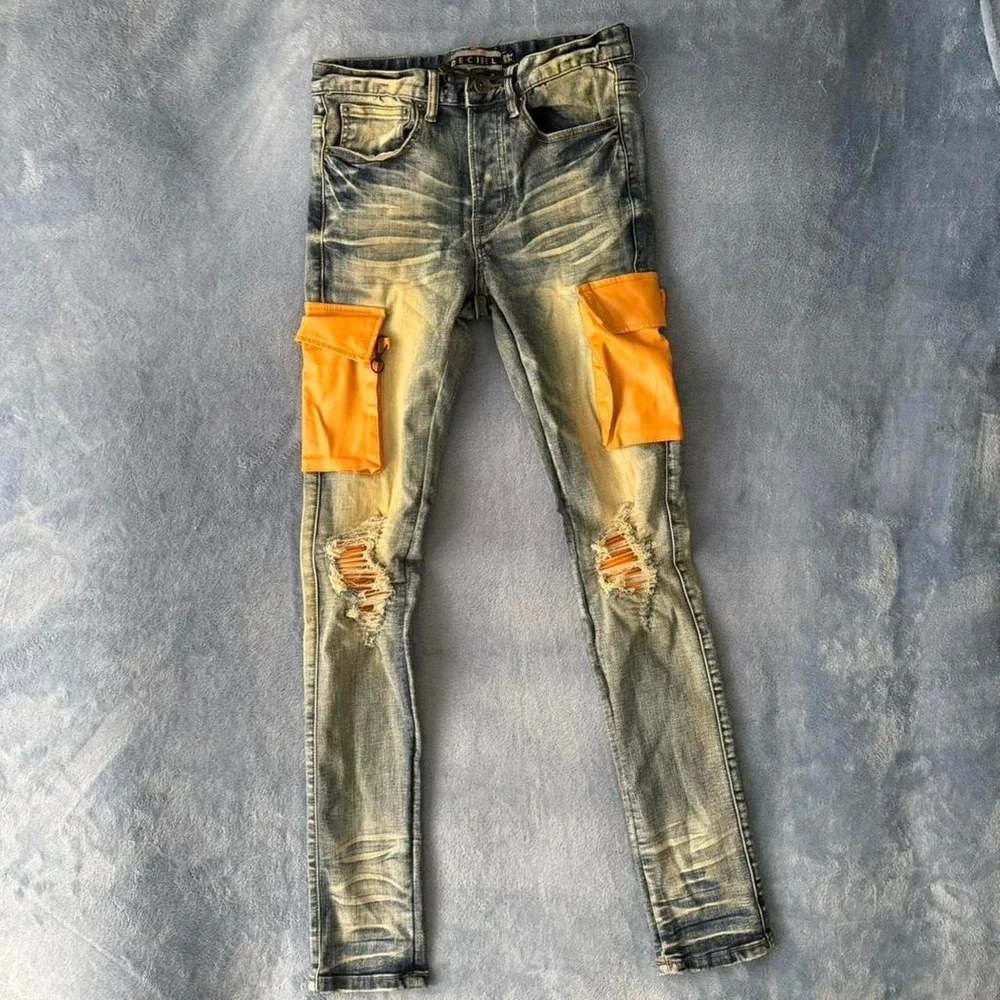 Decibel blue jeans with orange patches men  Size 28w 33L